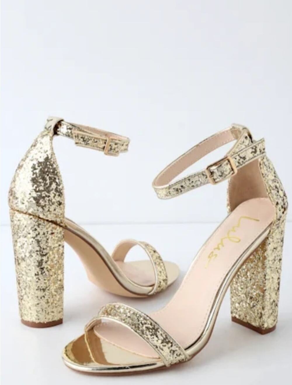 Lulus Taylor Gold Glitter Ankle Strap Heels Size 6.5